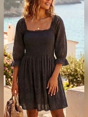 Stunning Black Cotton Eyelet Mini Dress Sz. M